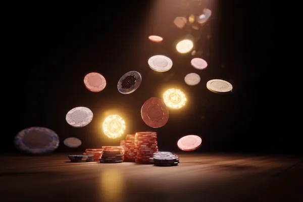 Uma mulher sorrindo enquanto joga online em seu laptop, cercada por elementos de cassino em néon, destacando a coleção diversificada de jogos do 7KBT.