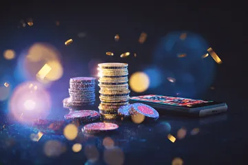 Uma roleta brilhante com fichas em cascata, simbolizando os envolventes jogos ao vivo e instantâneos disponíveis no 7KBT.